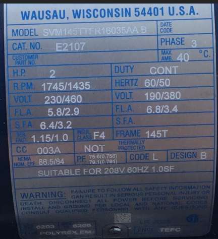 MARATHON MOTORS 145TTFR16035, 208-230/460V, 1745 RPM, 2 Hp, specifications, In stock