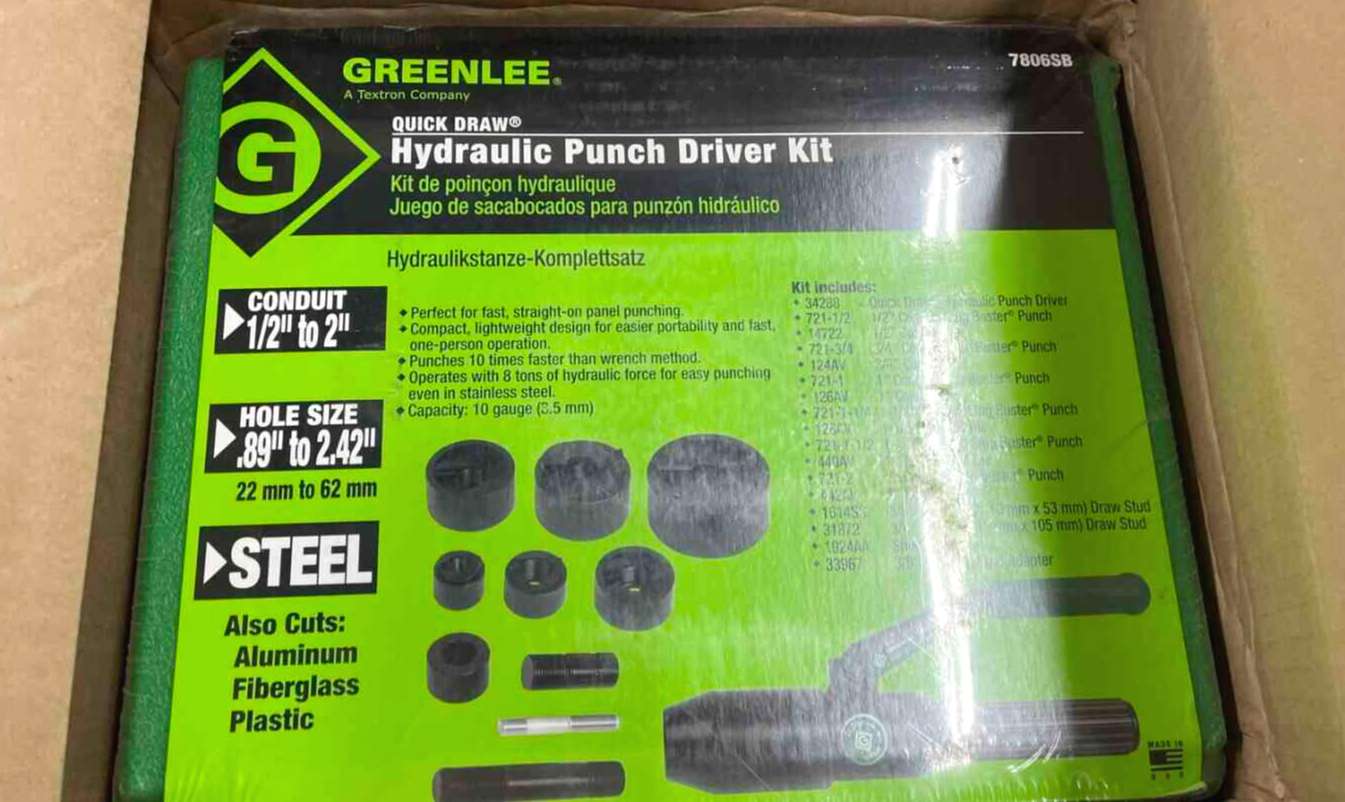 GREENLEE 7806SB Hydraulic Punch Driver Set, 1/2 Inch to 2 Inch Conduit and Pipe Size, 11  Pieces, 10 ga. Max.Thickness, In Stock, Product In Box