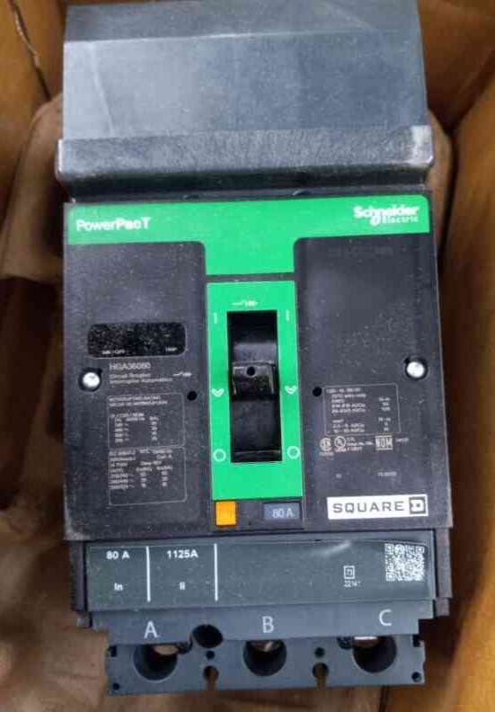 SQUARE D HGA36080 Circuit Breaker, 80A, 3 Poles, 600VAC, Lug, Thermal Magnetic Trip Type, Product In Stock, In Box
