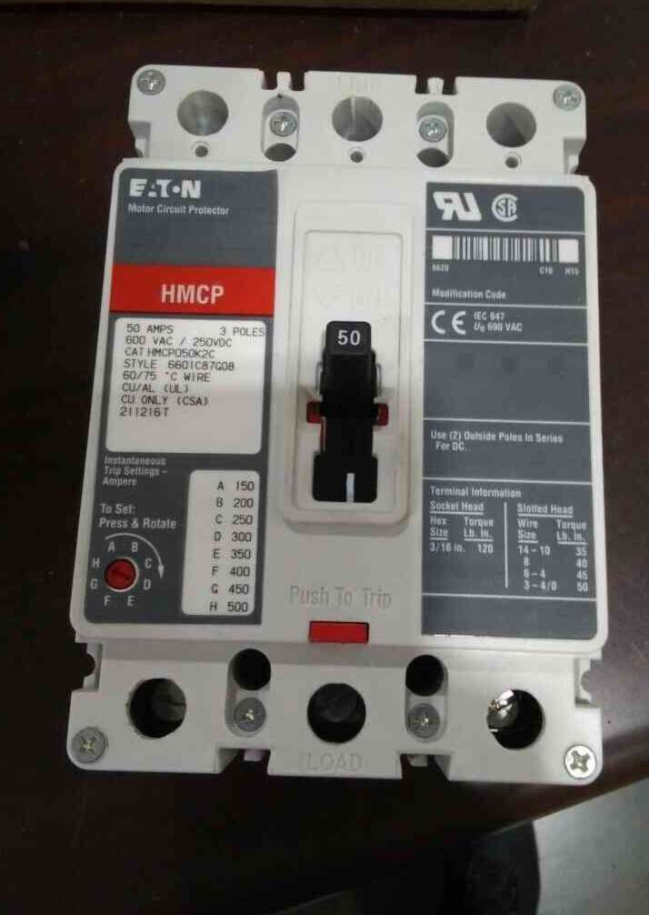 EATON HMCP050K2C Molded Case Circuit Breaker, Accessory Motor Protection, 50 A, 600V, FD Frame Type, 3 Poles, Product In Stock, Front View