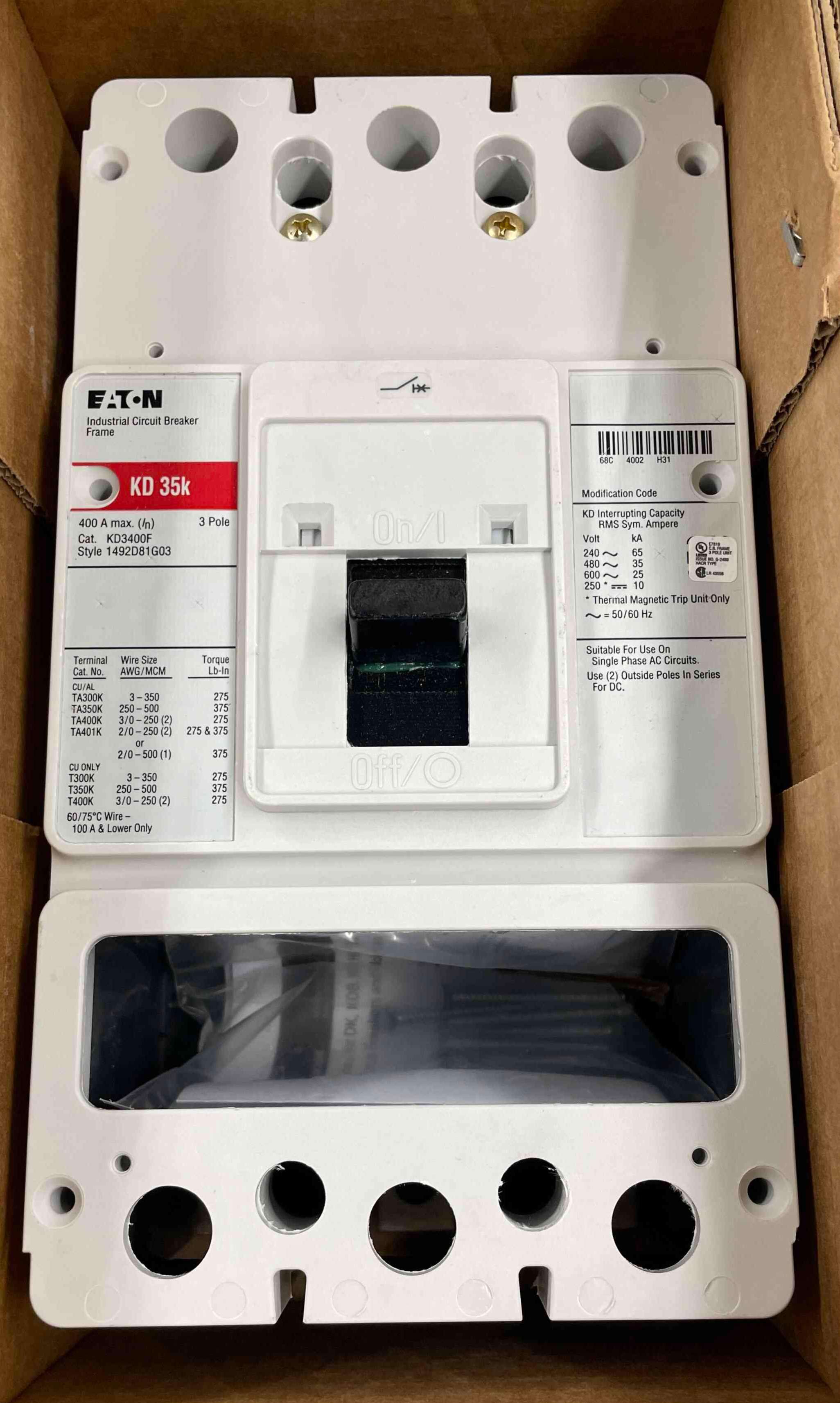 EATON KD3400F C Molded Case Circuit Breaker Frame, 600V, 400A, Kd, Frame Onlythermal, In Stock