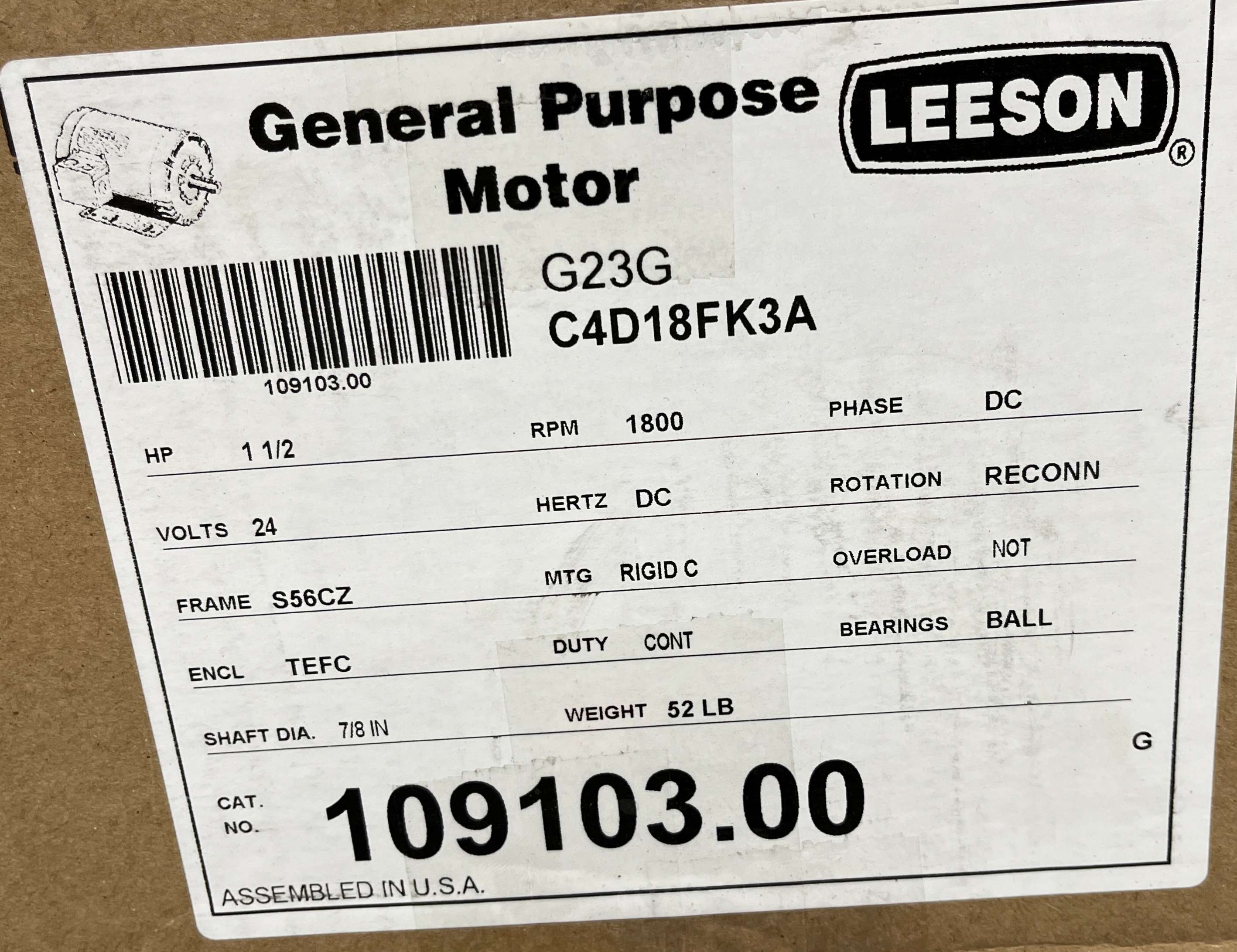 LEESON 109103.00, DC Motor, Product Box, In Stock, UL and CSA Listed