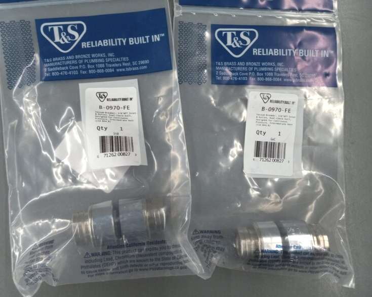 T&S B-0970-FE Vacuum Breaker, 3/8 Inch NPT Inlet And Outlet,7.27 GPM, 125 PSI Max Pressure, Packaged Product, Product In Stock