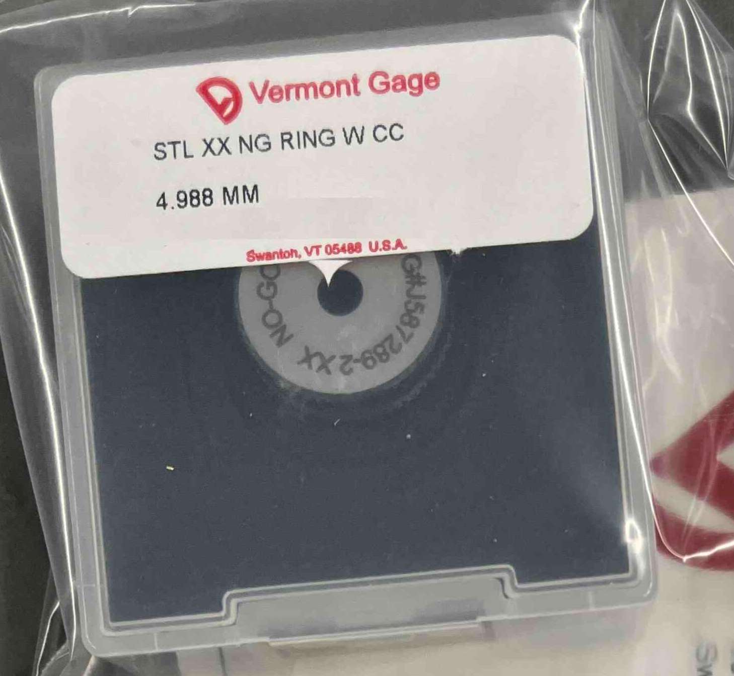 VERMONT GAGE 231103210, STL XX NO-GO RING GAGE 4.988mm, Packaged Product, In Stock