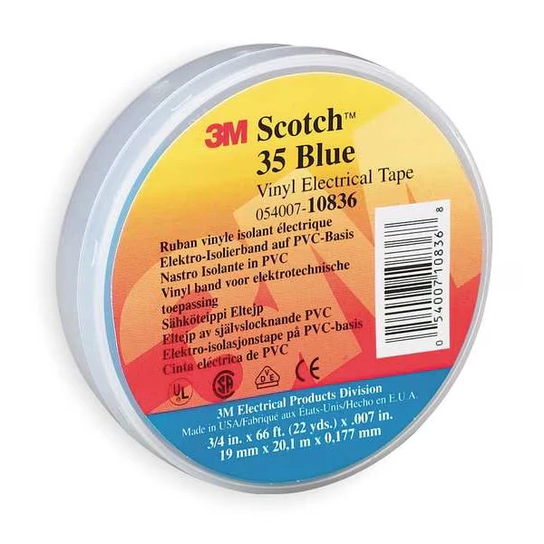 3M 10836 Vinyl Electrical Tape, 35, Scotch, 3/4 Inch W x 66 ft L, 7 mil thick, Blue, 1 Pack | CY7NUN
