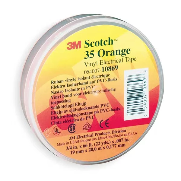3M 10869 Vinyl Electrical Tape, 35, Scotch, 3/4 Inch W x 66 ft L, 7 mil thick, Orange, 1 Pack | CY7NWB