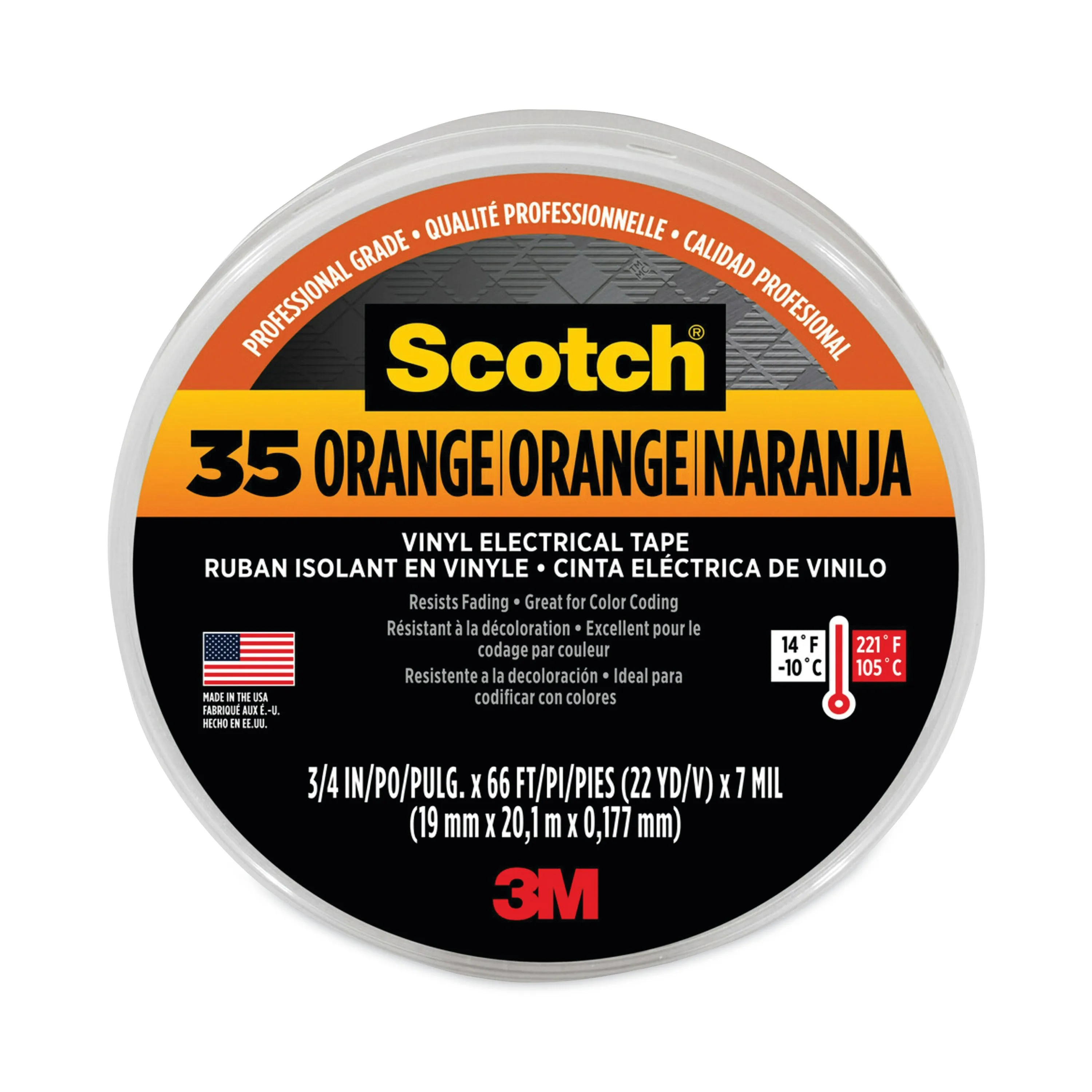 3M 500-10869 Scotch Vinyl Electrical Color Coding Tape, 3 Inch Core, 0.75 Inch x 66 Feet, Orng | CY7NKM