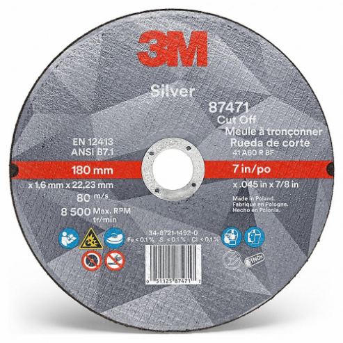 3M 87471 Abrasive Cut Off Wheel, 7 Inch Diameter, Ceramic Grain, 0.45 Inch Thick, Type 1 | CF2UGK 450Y36