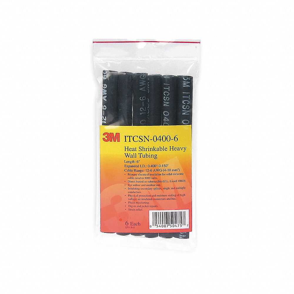 3M ITCSN-0400-6-BLACK-12-3 PC PKS Heat Shrink Tubing, 6 Inch Length, Heavy Wall, Cross Linked Polyolefin, 3 Pk | CF2AQU 30N571