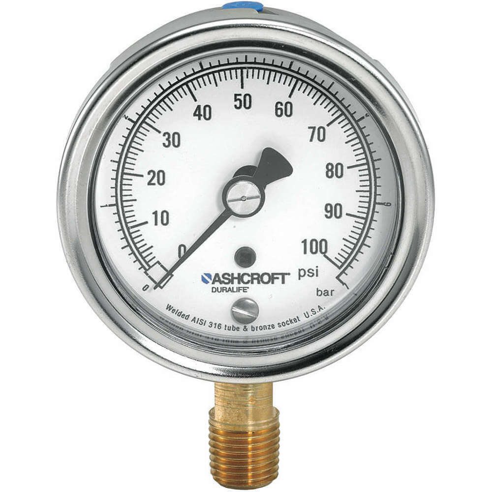 Industrial Compound Gauge, 30 to 0 to 15 in Hg/PSI, 2 1/2 in Dial, 1/4 in NPT Male, Bottom