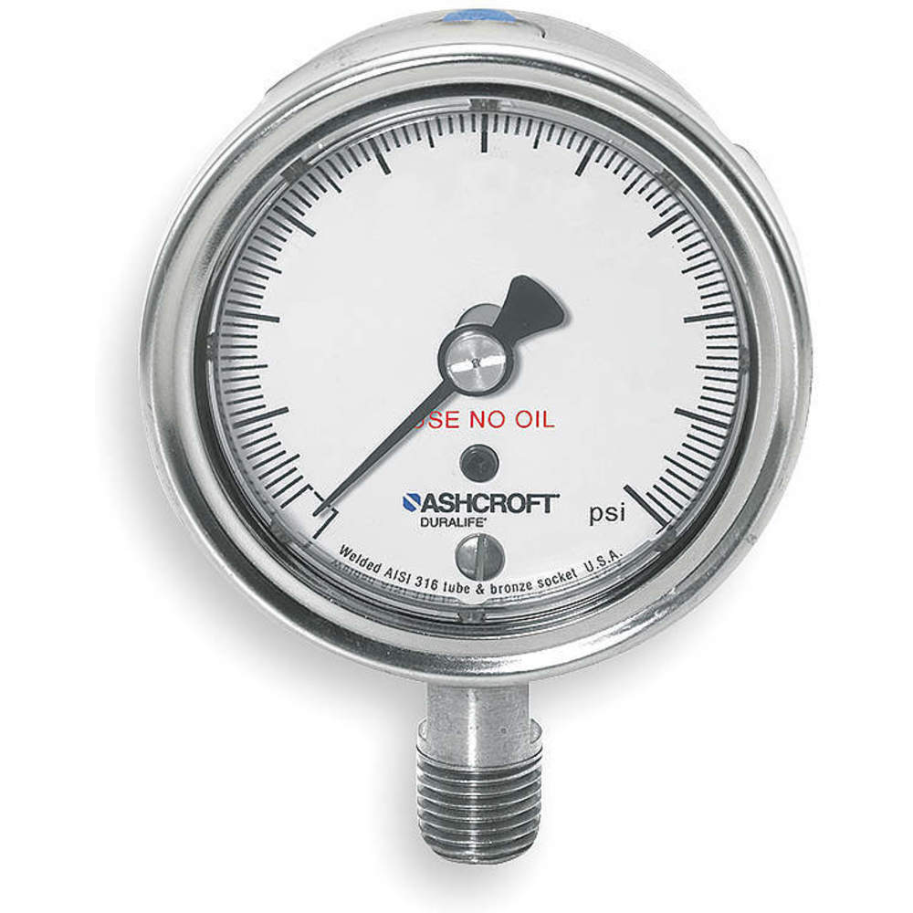 Industrial Pressure Gauge, Cleaned for Oxygen Service, 0 to 200 PSI, 2 1/2 in Dial, Bottom