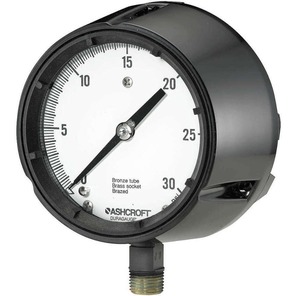 Process Compound Gauge, 0 to 150 PSI, White, 4 1/2 Inch Dial, 1/2 Inch NPT Male, Bottom