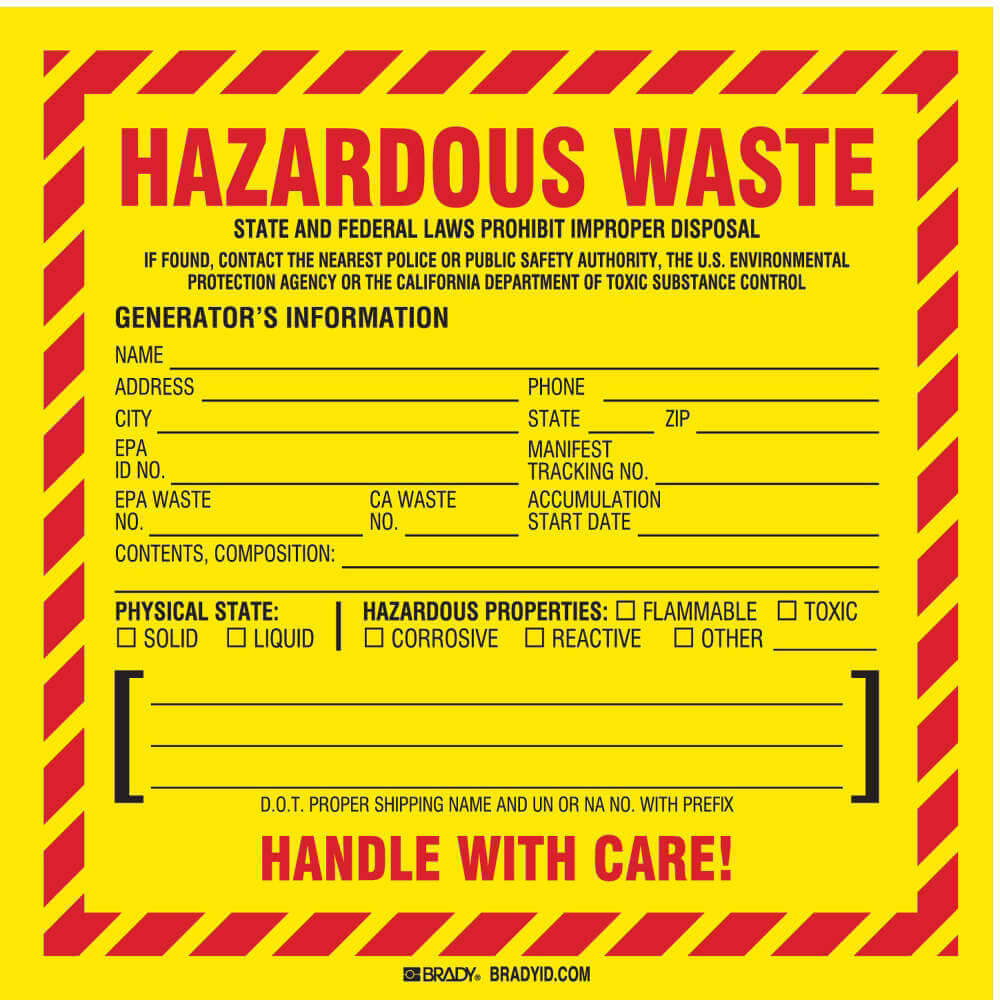 BRADY 121152 California Hazardous Waste Label - Pack Of 100 | AA7GWC 15Y482