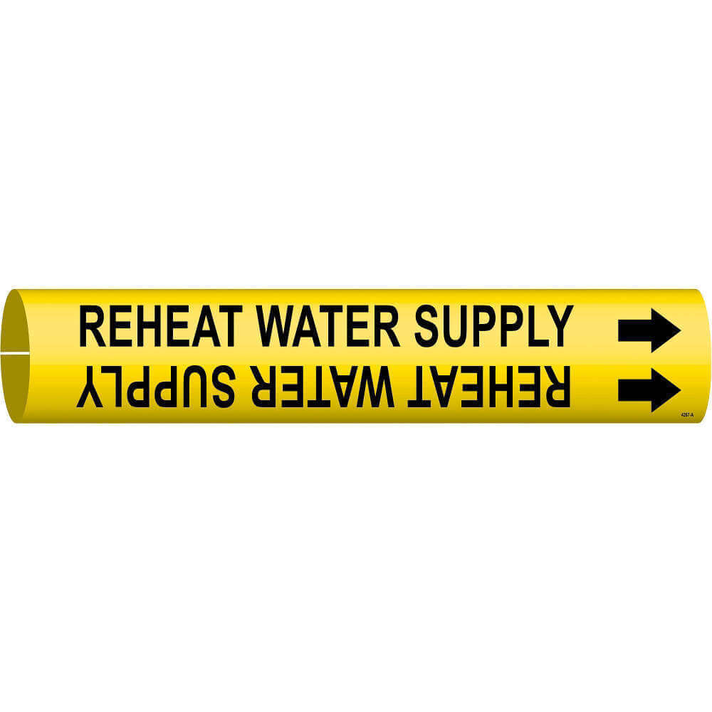 Pipe Marker, Reheat Water Supply, Yellow, Black, Fits 2 1/2 - 3 7/8 Inch OD, 1 Pipe Marker