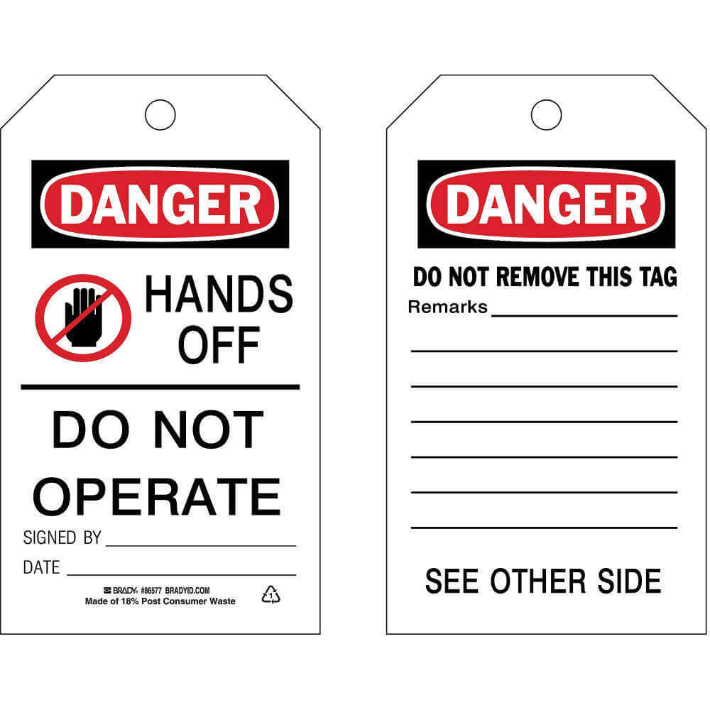 Danger Tag, 7 x 4 Inch, HANDS OFF DO NOT OPERATE SIGNED BY___DATE___, Polyester
