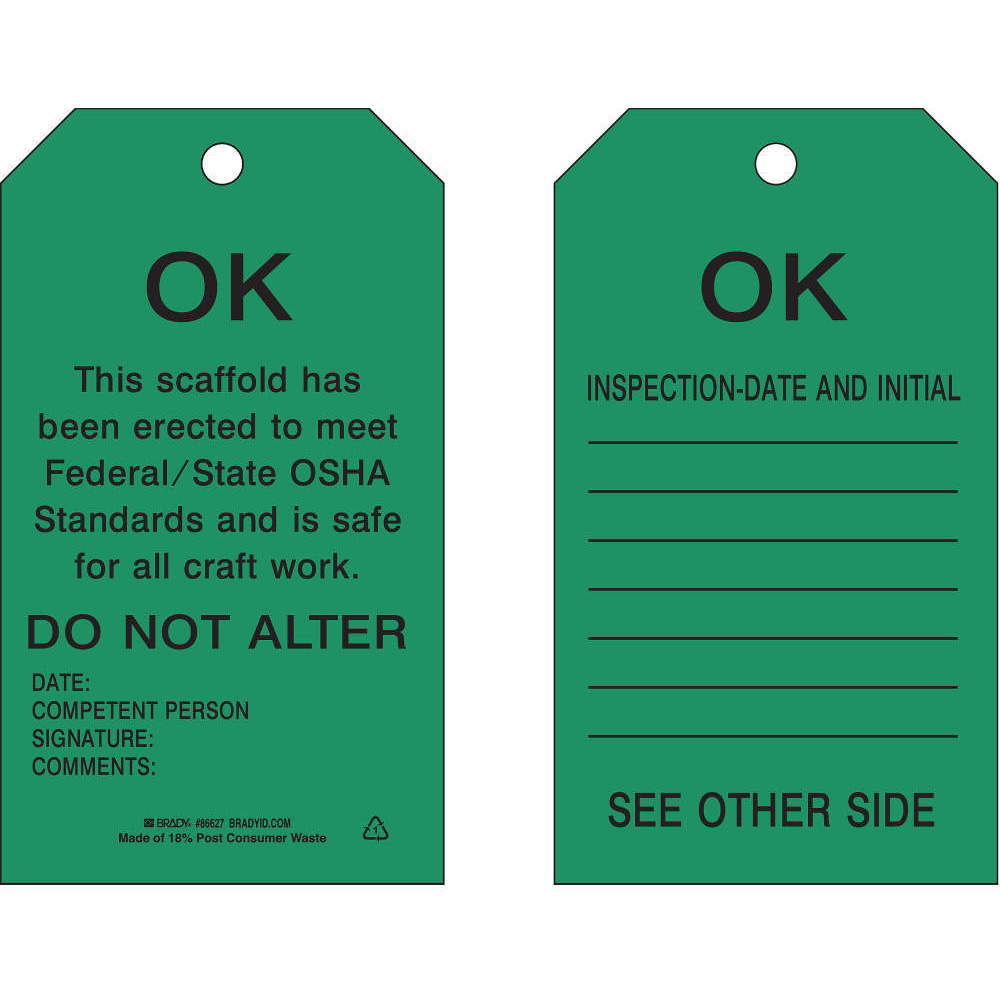 BRADY 86627 Scaffold Ok Tag 7 x 4 Inch Black/green - Pack Of 10 | AE3QCL 5ENZ6