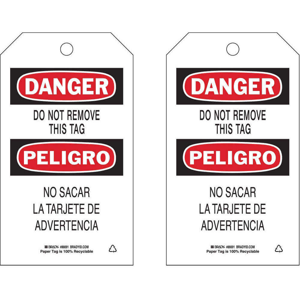 Danger Bilingual Tags, Danger/Peligro, Do Not Remove Tag, Paper, Write-On Surface