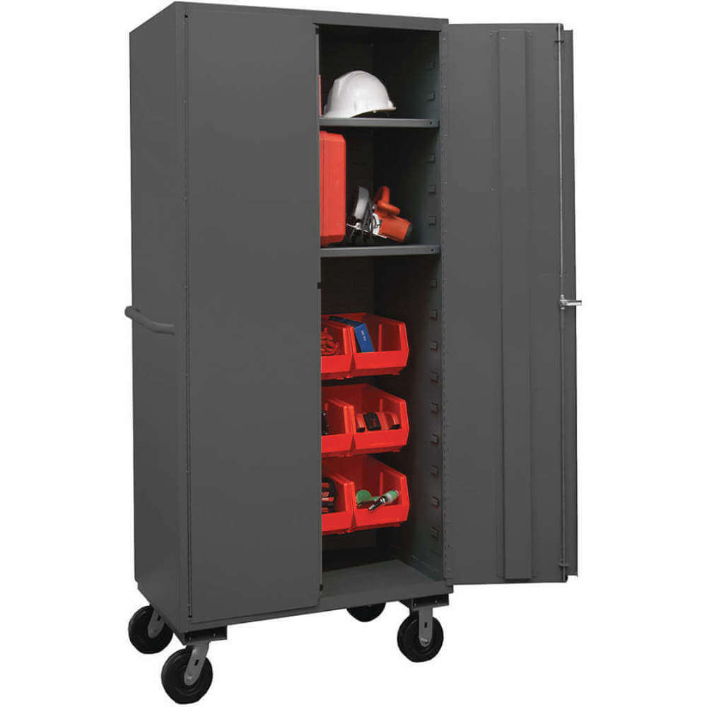 DURHAM MANUFACTURING 2501M-BLP-12-2S-1795 Mobile Cabinet, 16 Gauge, 12 Bin, Red | AH6RJY 36EZ32