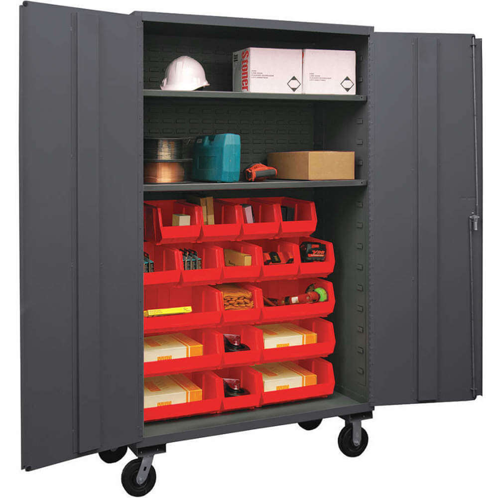 DURHAM MANUFACTURING 2502M-BLP-18-2S-1795 Mobile Cabinet, 16 Gauge, 18 Bin, Red | AH6RKE 36EZ38