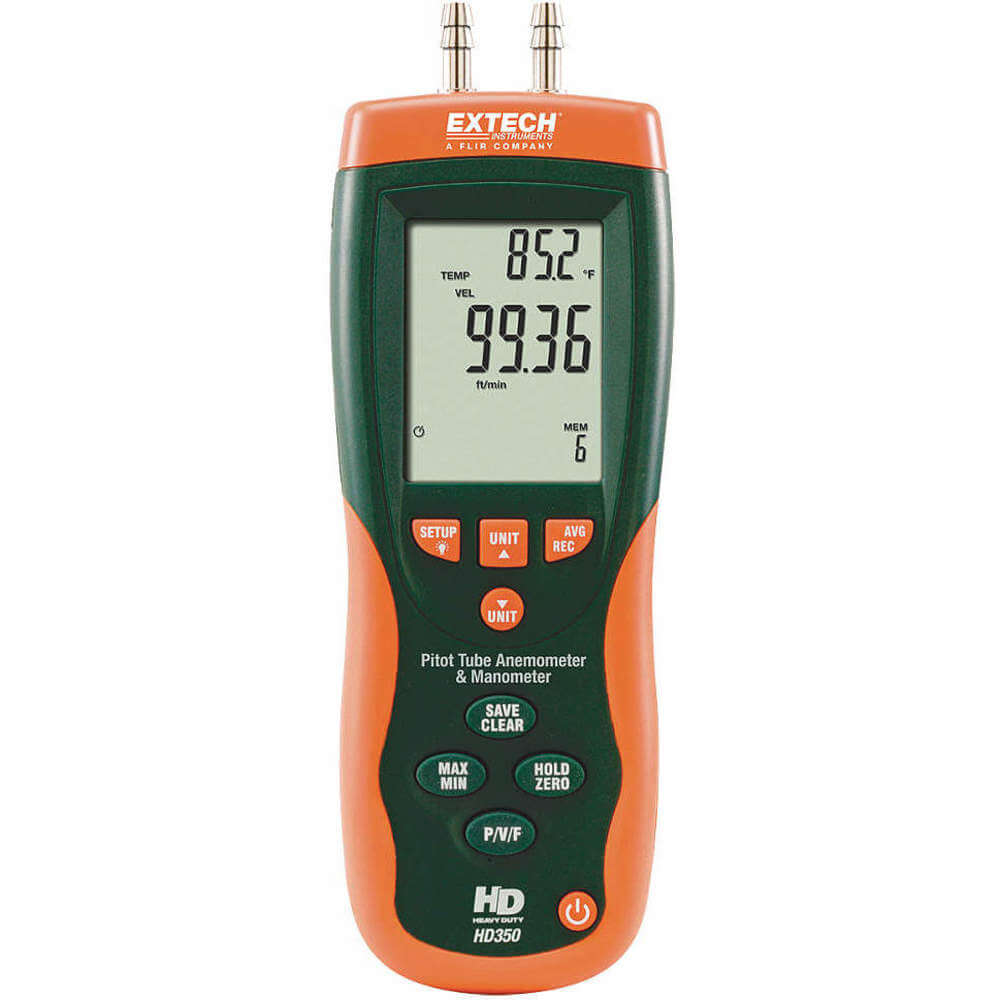 Pitot Tube Anemometer & Differential Manometer, 5/8" Connector, 3-Line Backlit LCD