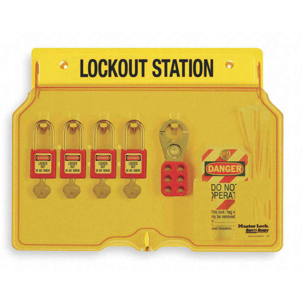 Lockout Station Filled 4 Padlocks Yellow