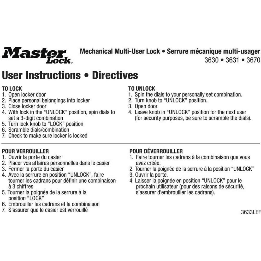 MASTER LOCK 3634LEF Instruction Sticker English/french | AG2MXK 31MH10