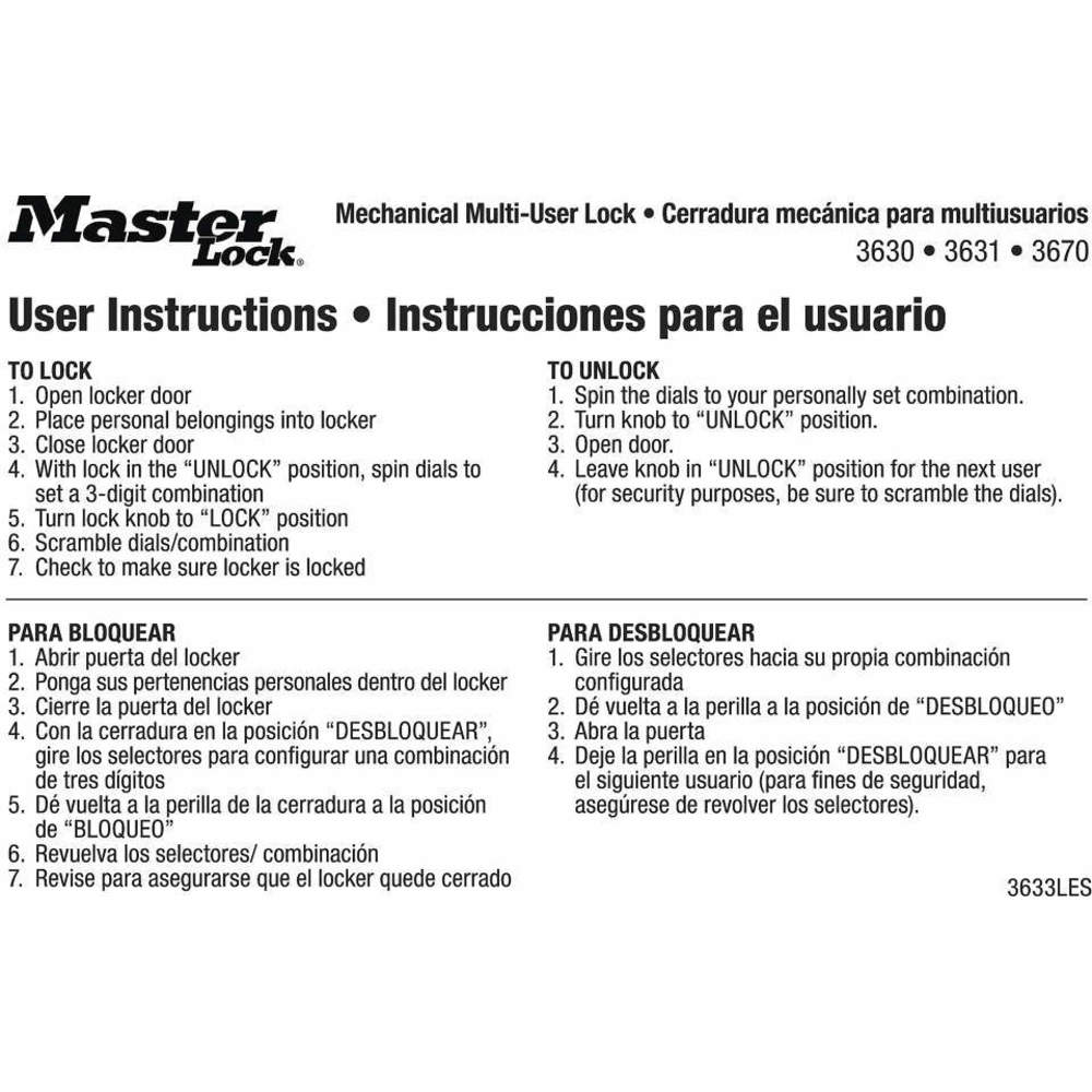 MASTER LOCK 3634LES Instruction Sticker English/spanish Pk10 | AG2MXJ 31MH09