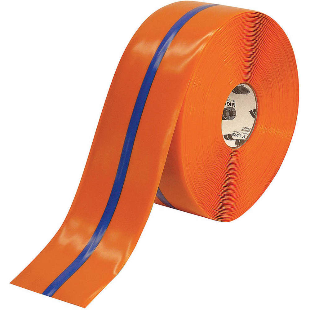 MIGHTY LINE 4ROBCTR Industrial Floor Tape, 4" Width, Orange with Blue Center Line, 100 ft Long | AG9HVF 20PG06