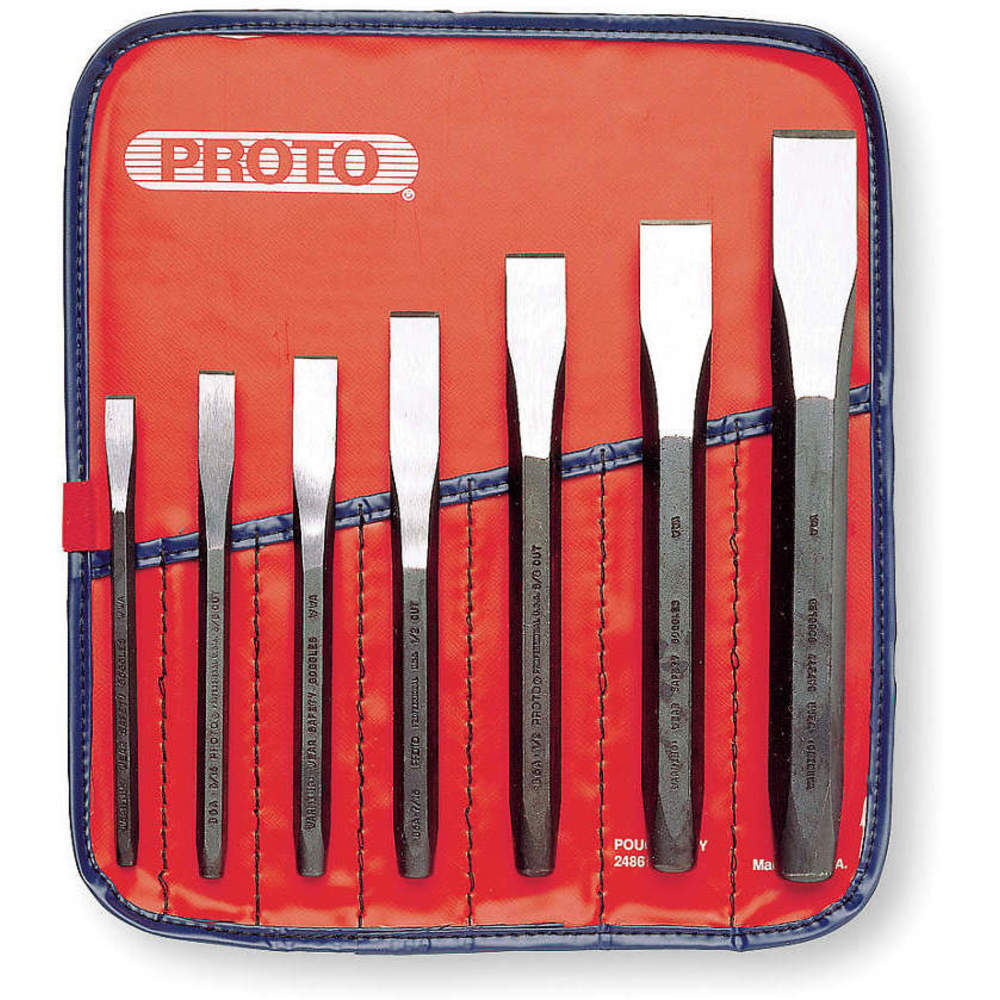Cold Chisel Set, S2 Steel, 1-Piece Design, Tool Roll Pouch - 7 Pc