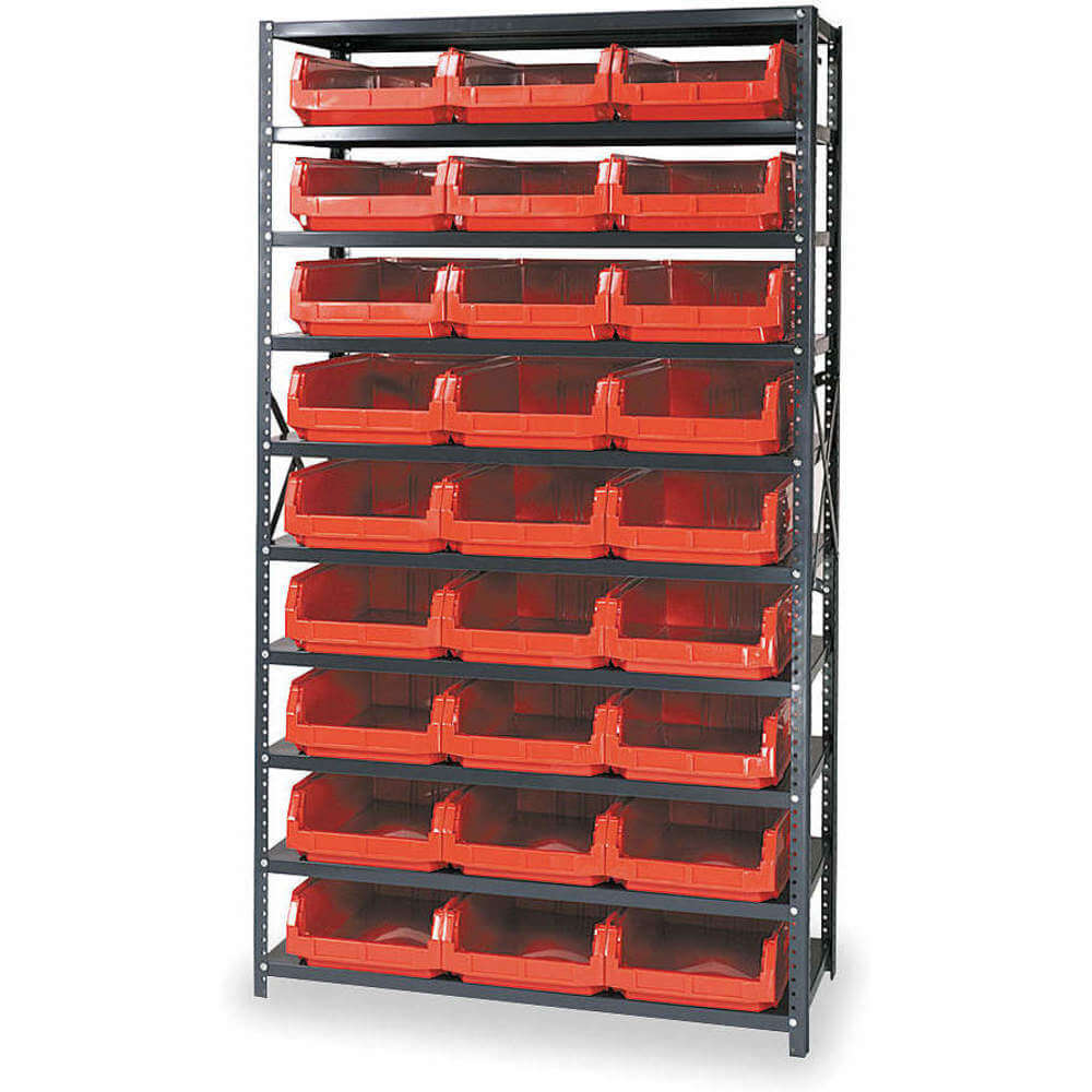 Steel Bin Shelving, 42 x 75 x 18 Inch Size, 10 Shelve, Gray/Red
