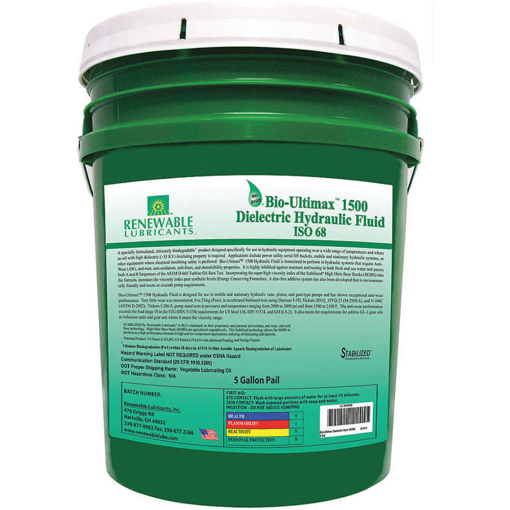 RENEWABLE LUBRICANTS 81074 Bio Ultimax 1500 Dielectric Hydraulic Fluid, Grade 68, 5 Gallon Capacity | AF9ZDE 30WK99