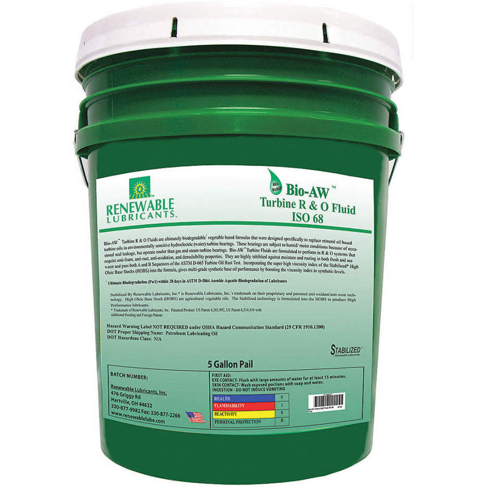 RENEWABLE LUBRICANTS 81724 Bio AW Turbine R&O Fluid, Grade 68, Pail 5 Gallon Capacity | AF9ZEE 30WL27