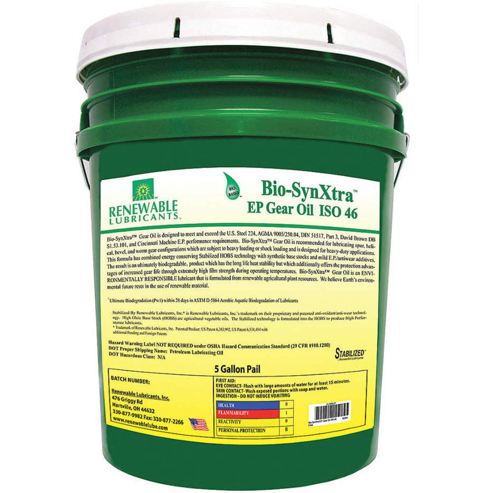 RENEWABLE LUBRICANTS 82404 Bio SynXtra Gear Oil, Grade 46, Pail 5 Gallon Capacity | AF9ZEJ 30WL37