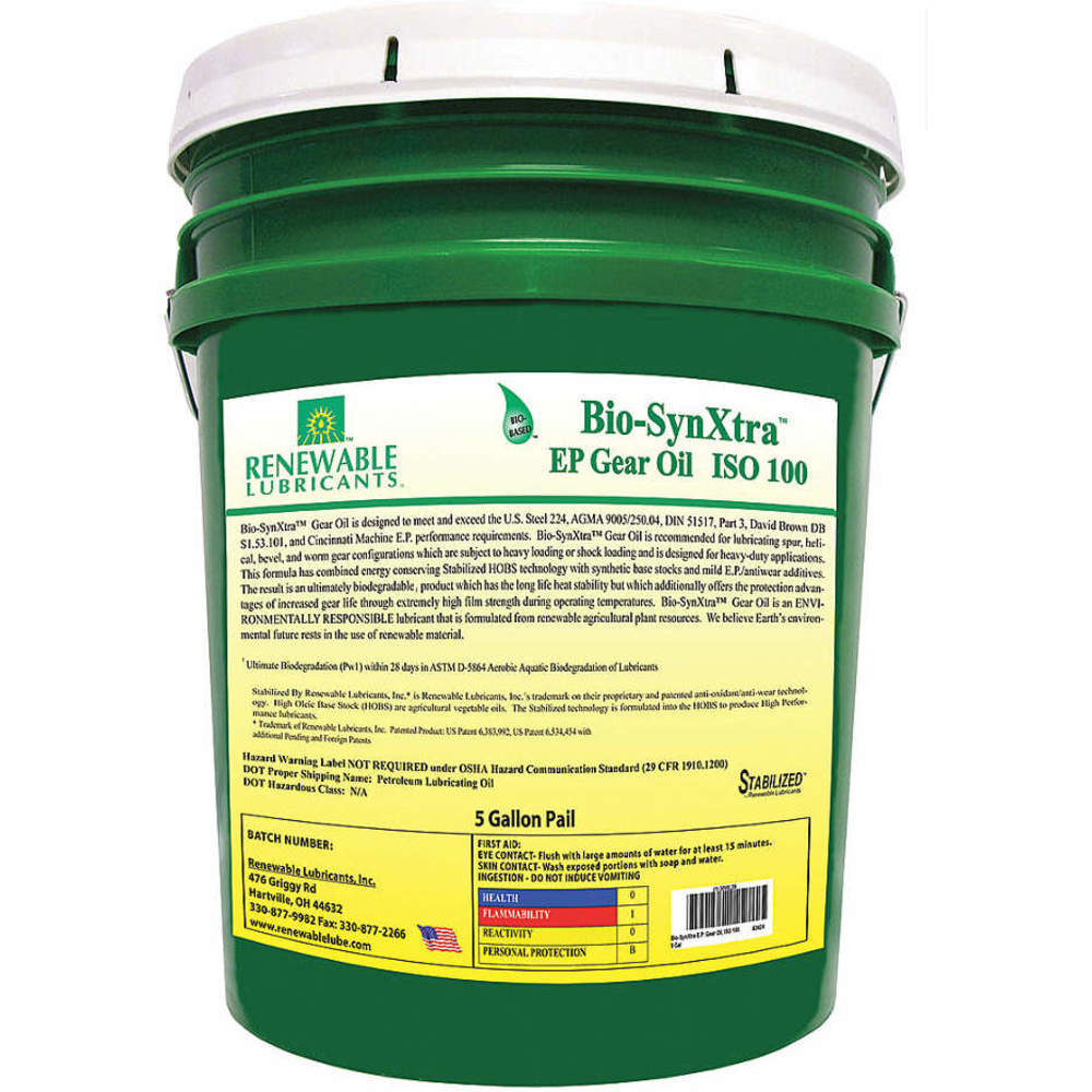 RENEWABLE LUBRICANTS 82424 Bio SynXtra Gear Oil, Grade 100, Pail 5 Gallon Capacity | AF9ZEL 30WL39