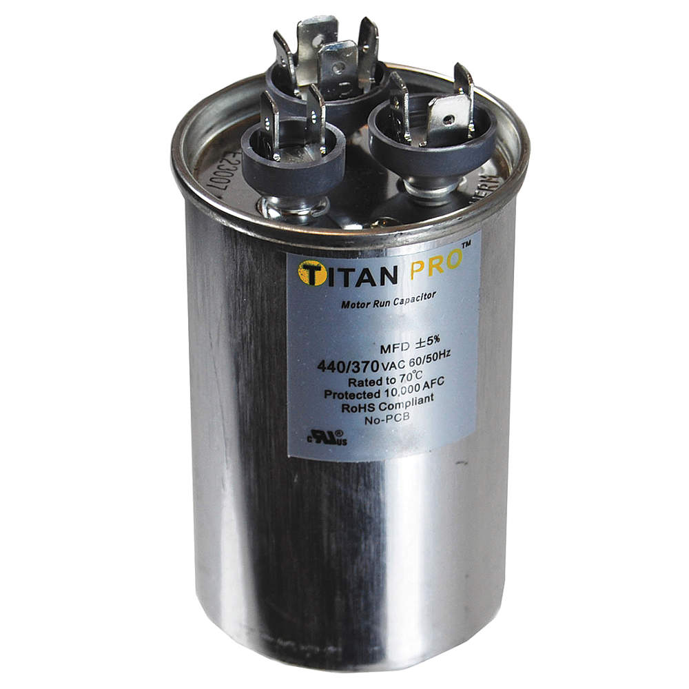 Motor Dual Run Capacitor, Round, 440/370 VAC, 25/5 MFD, 4 Inch Overall Height