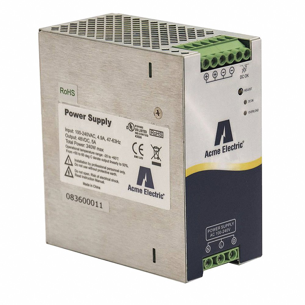 ACME ELECTRIC DM14805S Power Supply, DIN Rail, Single Phase, 240W, 48V, Slim Line | BC8WNK