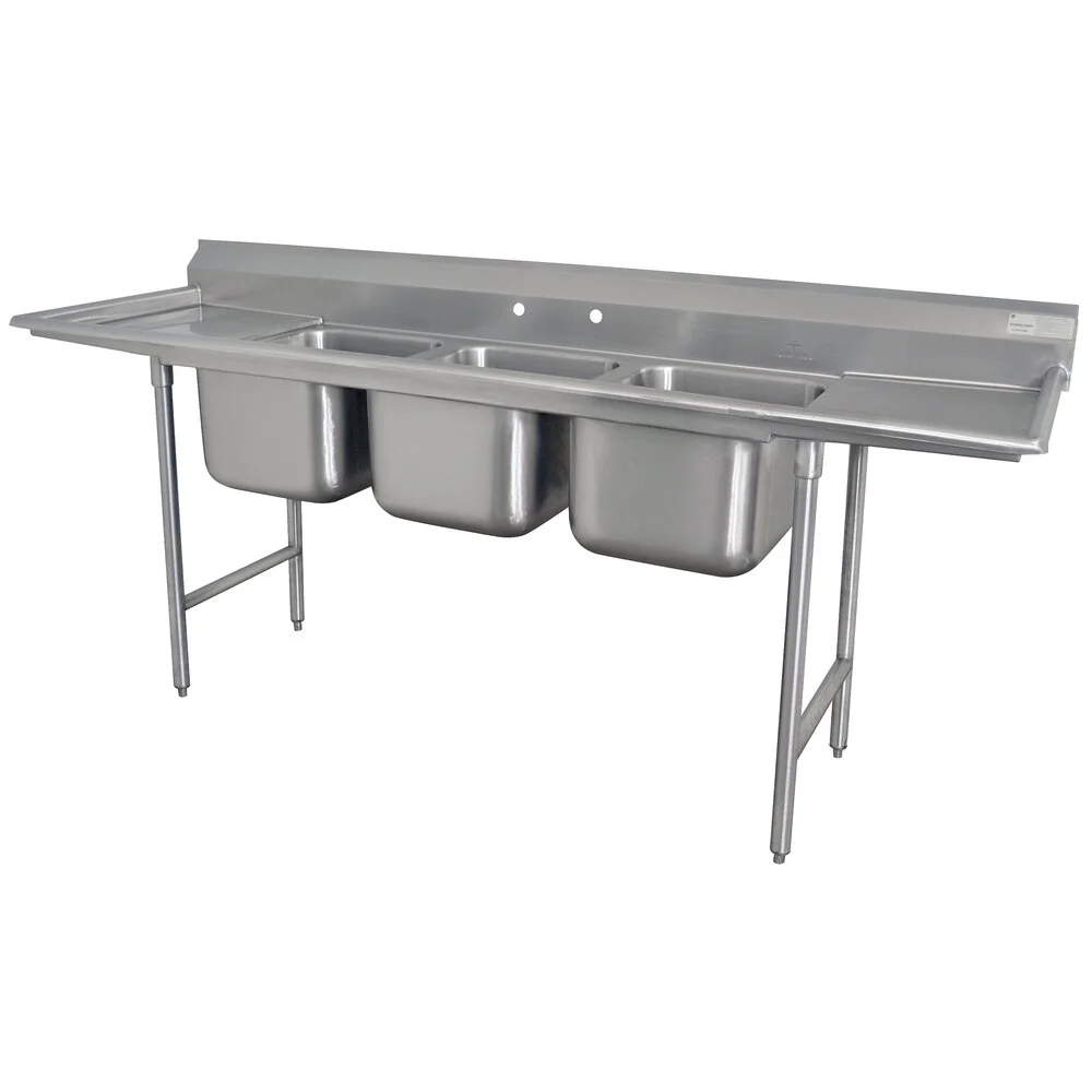 Commercial Sink with 2 Drainboard, 3 Compartment, 27 x 91 x 42 Inch Size, Heavy gauge