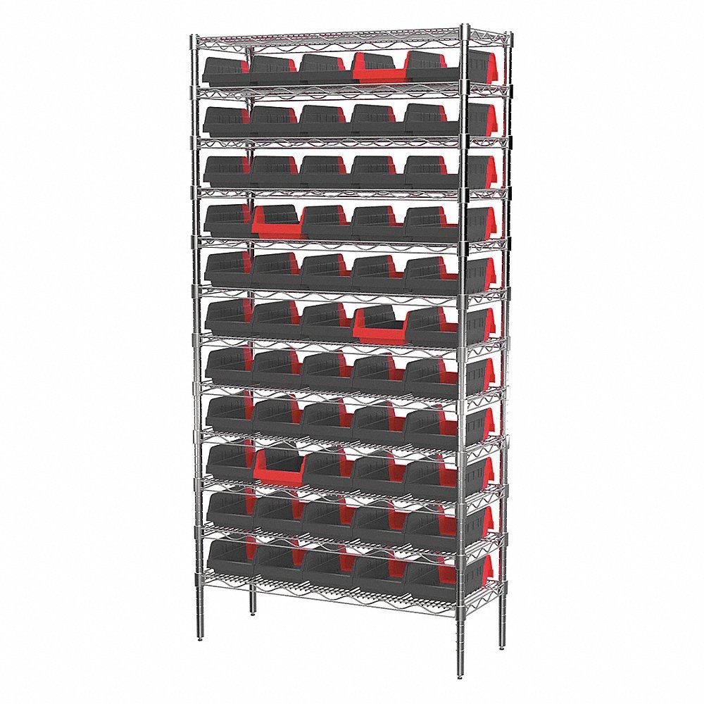 AKRO-MILS AWS143636462BK Bin Shelving, 36 x 14 x 74 Inch Size, 60 Bins, Open, Indicator Bin, Black/Red | CH9RGG 45MV94