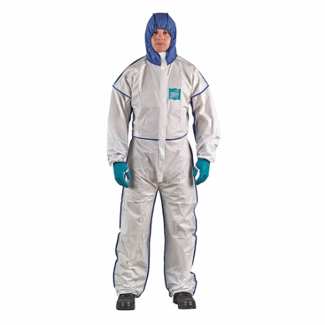 ANSELL WN18-B-92-195-04 Hooded Chemical Resistant Coveralls, Microgard 1800, Bound Seam, White/Blue, L, 25 PK | CT3MDG 491M50