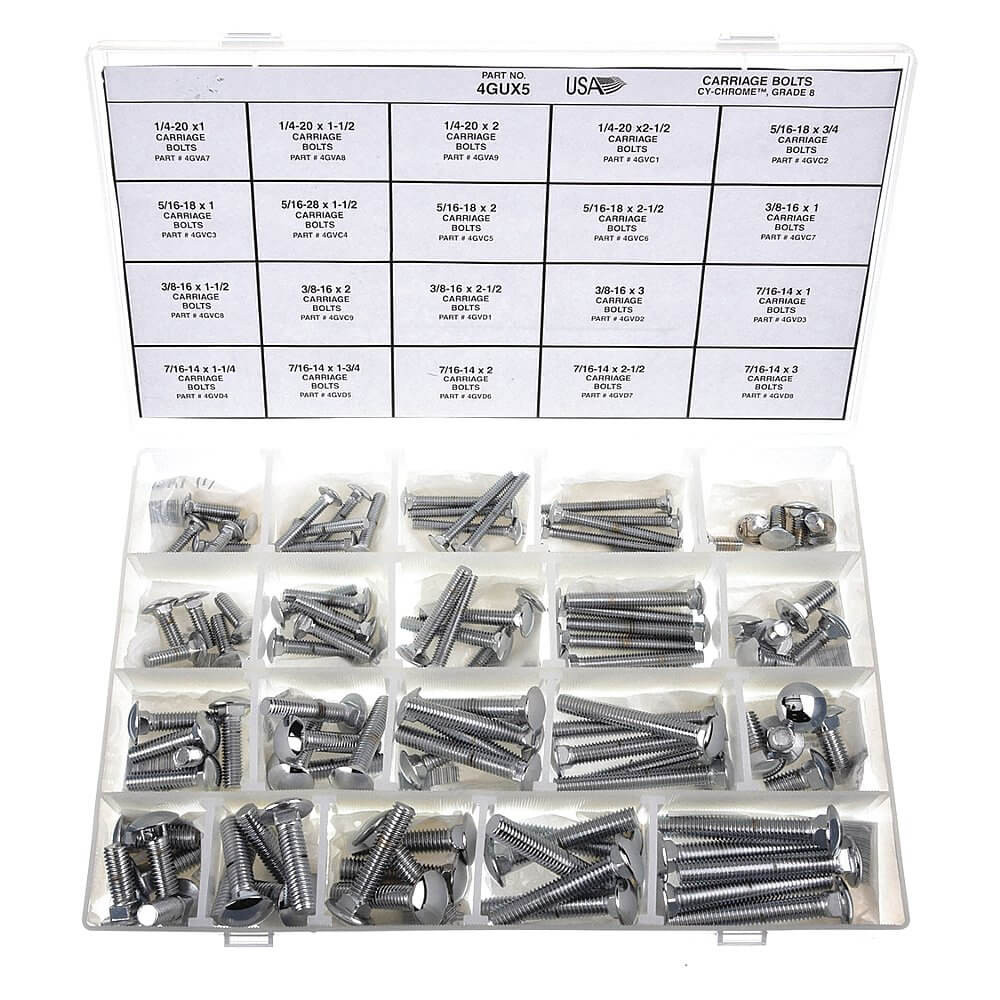 Carriage Bolt Assortment, Steel, Chrome Plated, Gr. 5, Slotted, Rnd Spacer