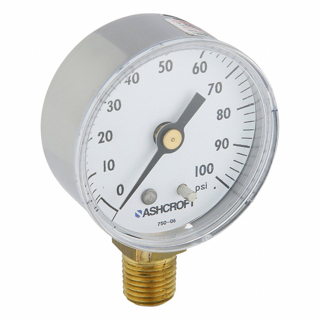 ASHCROFT 20W1005SH 02L XZG 100# Pressure Gauge, Corrosion-Resistant Case, 0 To 100 PSI, 2 Inch Dial, 1/4 Inch Npt Male | CN8YJG 787NT9