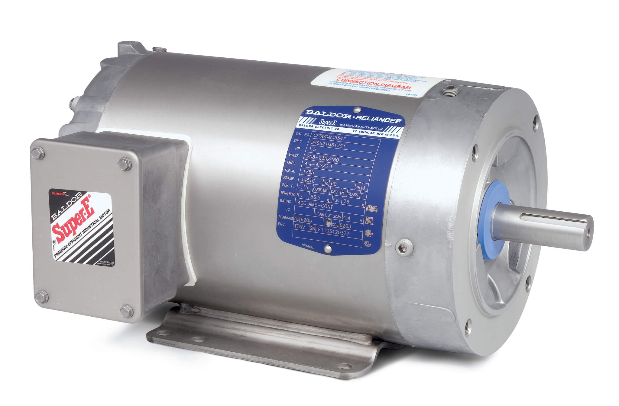 BALDOR MOTOR CESWDM3546 Paint Free Motor, 230/460V, 1800 RPM, 60 Hz, 1 hp, 3 Phase, TENV, 56C Frame | AJ6PYK