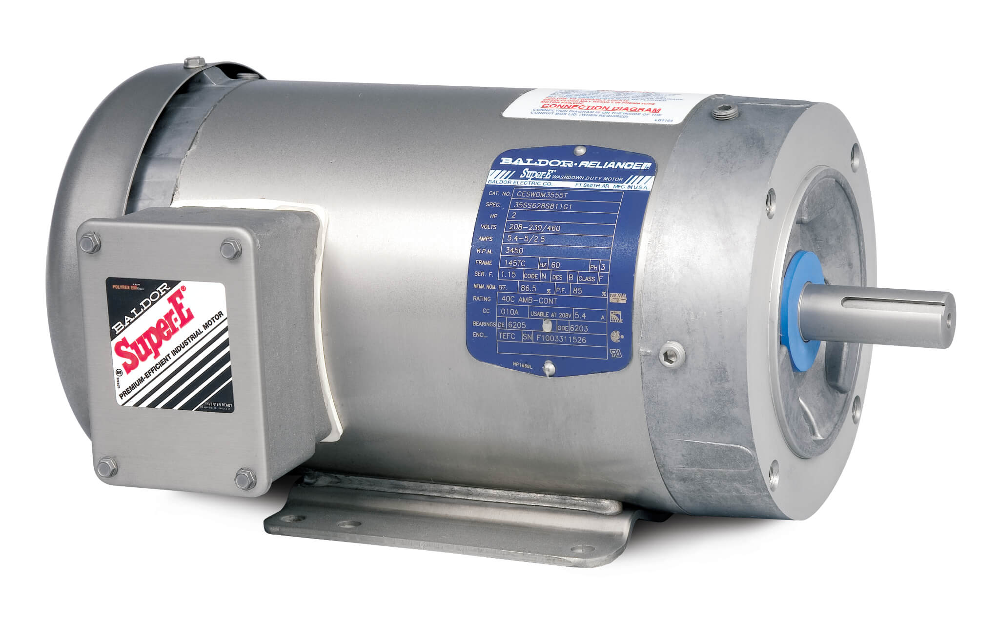 BALDOR MOTOR CESWDM3555T Paint Free Motor, 208-230/460V, 3600 RPM, 60 Hz, 2 hp, 3 Phase, TEFC, 145TC Frame | AJ6PYP
