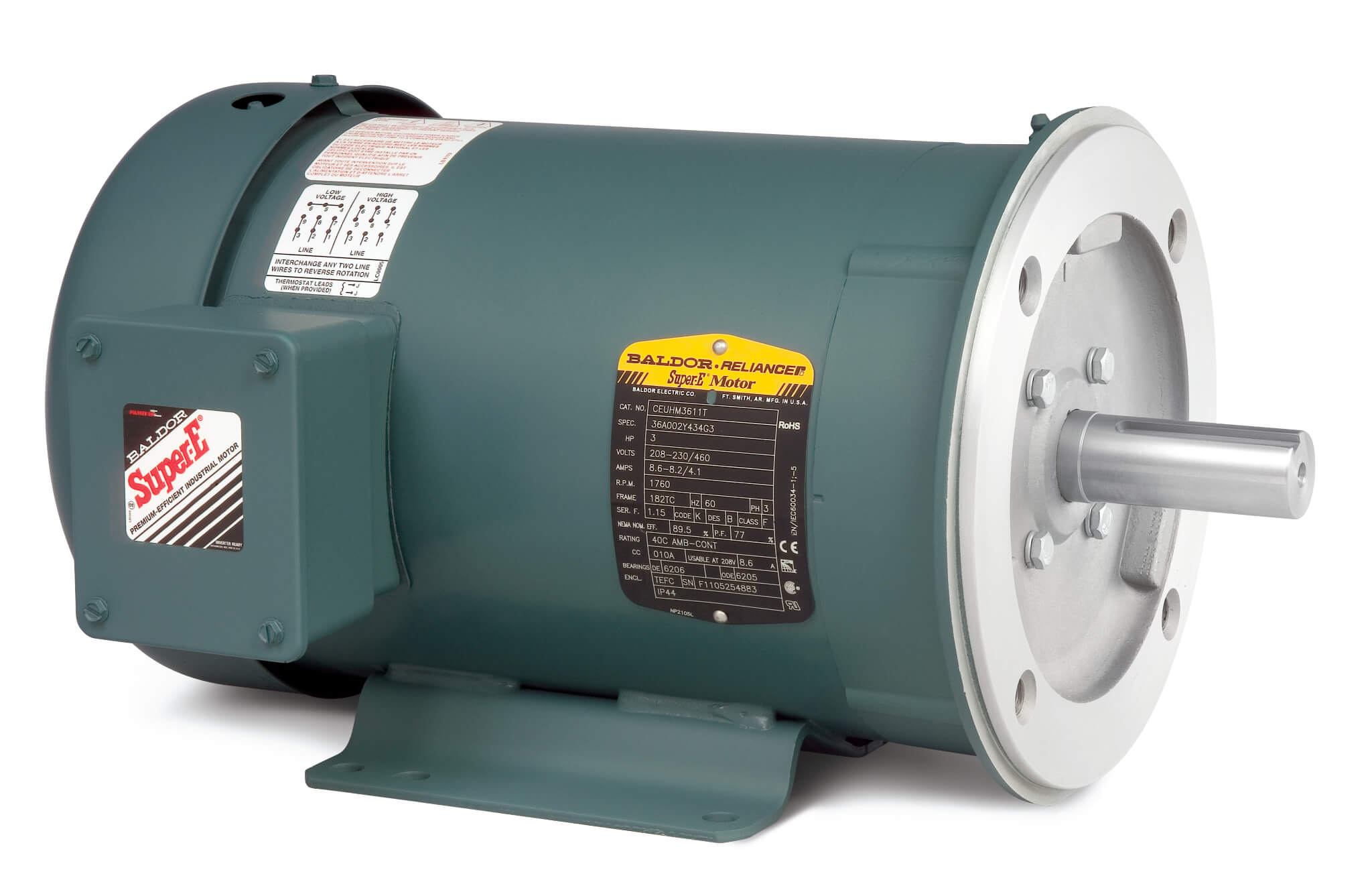 Unit Handling Motor, 230/460V, 1800 RPM, 60 Hz, 3 hp, 3 Phase, TEFC, 182TC Frame
