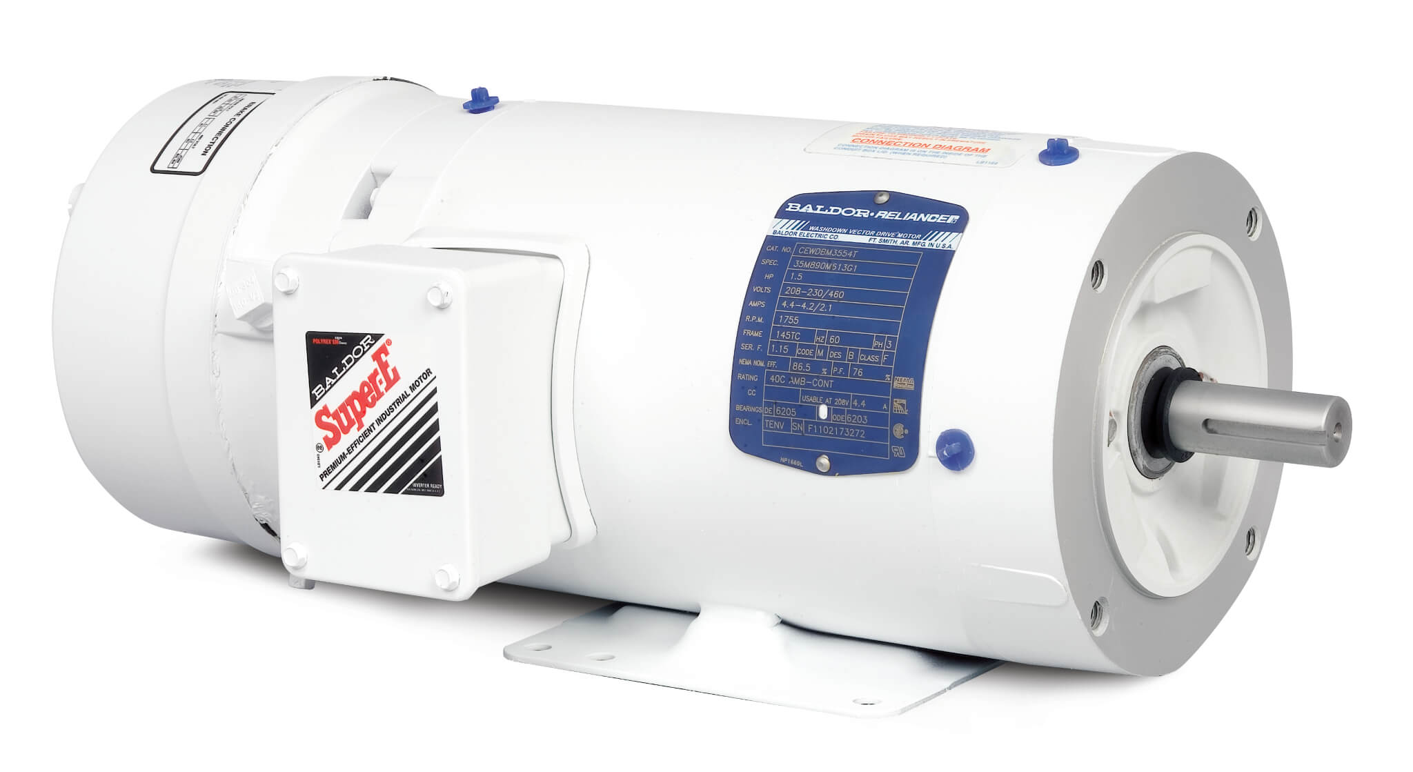 BALDOR MOTOR CEWDBM3538 Washdown Motor, 208-230/460V, 1800 RPM, 60 Hz, 0.5 hp, 3 Phase, TENV, 56C Frame | AJ6PZP