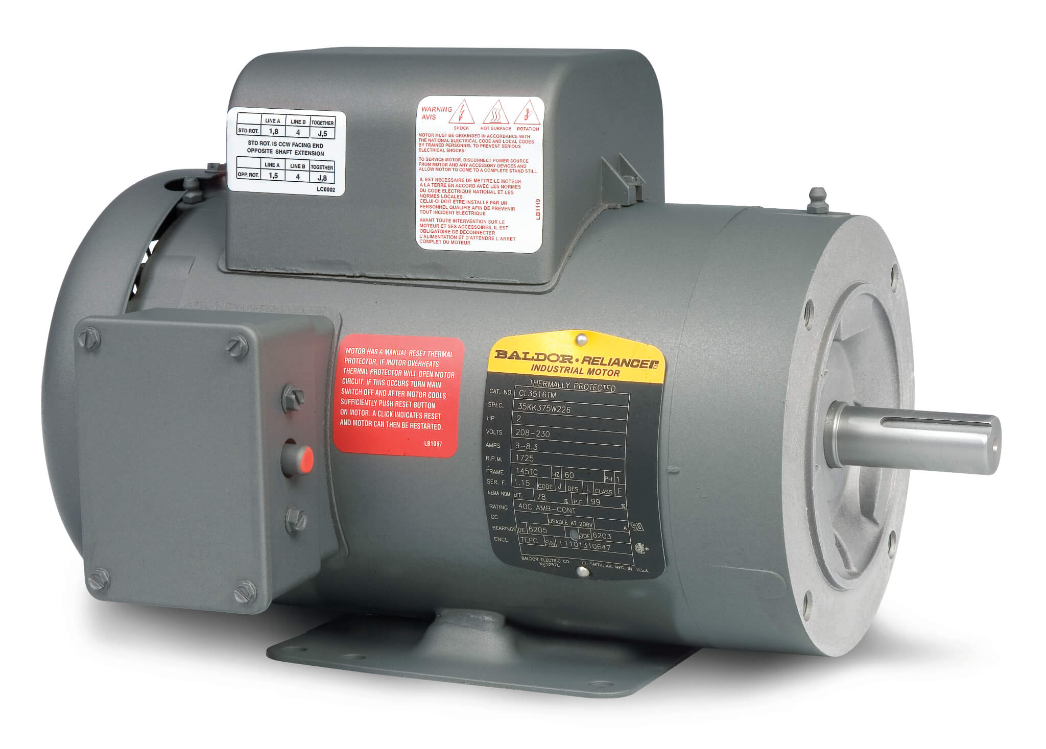Single Phase Motor, 208-230V, 1800 RPM, 60 Hz, 2 Hp, TEFC, 145TC Frame