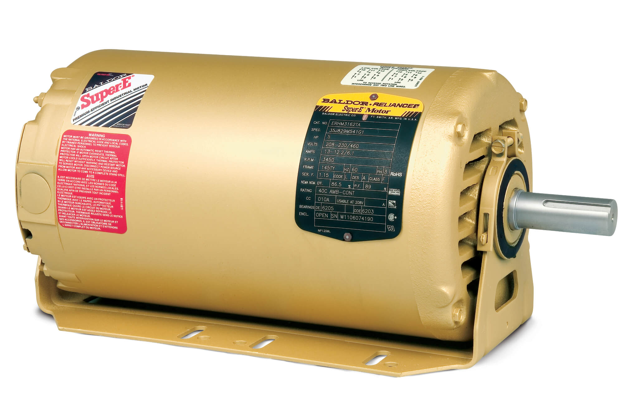 BALDOR MOTOR ERHM3162TA Three Phase Motor, 230/460V, 3600 RPM, 60 Hz, 5 hp, ODP, 145TY Frame | AJ6VFW