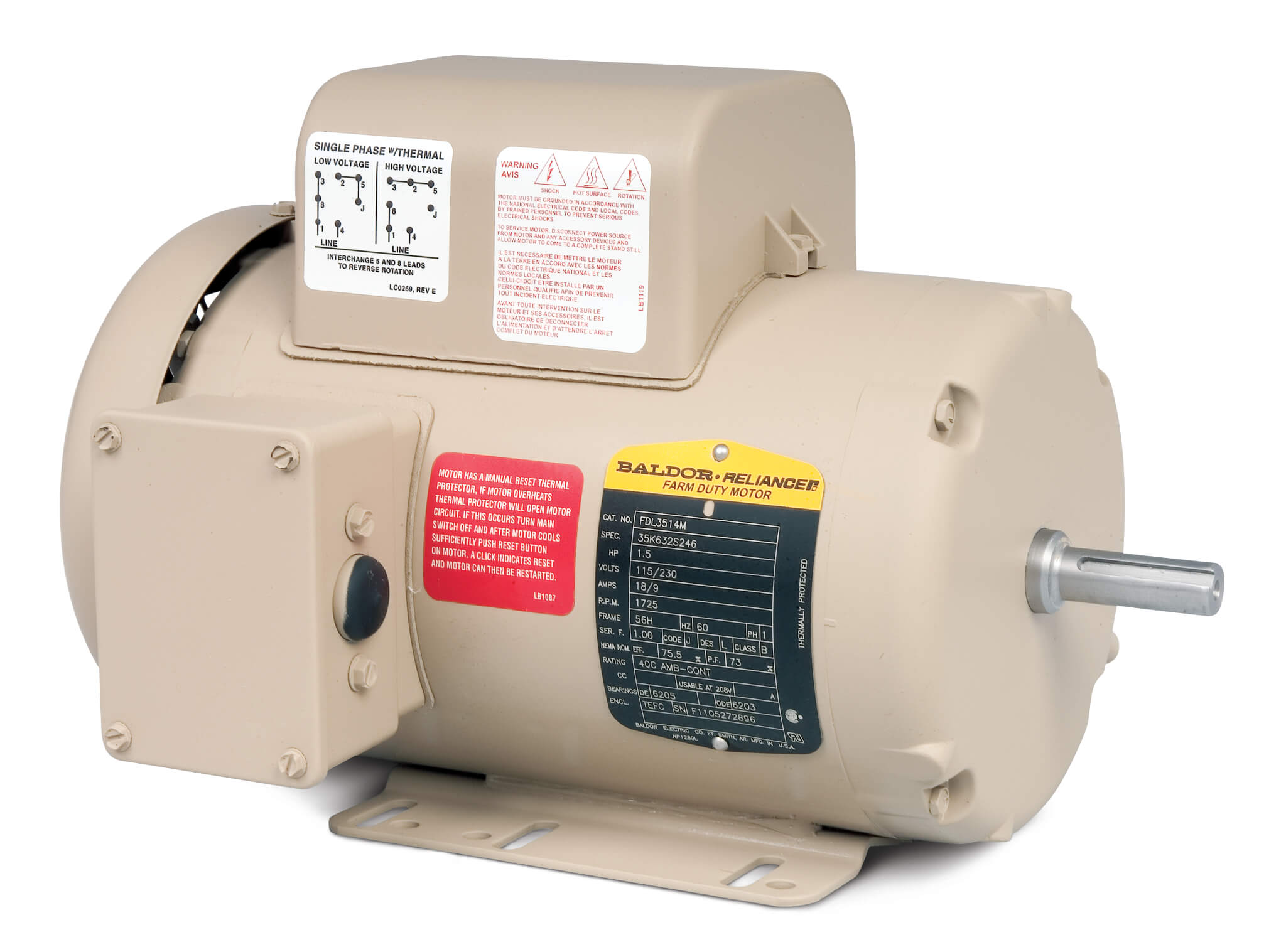 BALDOR MOTOR FDL3611M Farm Duty Motor, 115/230V, 1800 RPM, 2 hp, 1 Phase, TEFC, 184 Frame | AJ6VKF