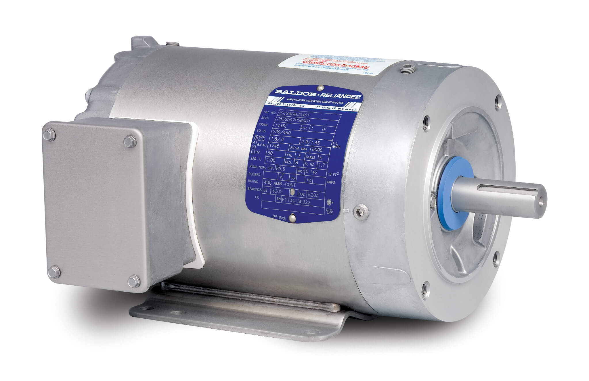 BALDOR MOTOR IDCSWDM3538 Invester Duty Washdown Motor, 1800 RPM, 0.5 hp, 3 Phase, TENV, 56C Frame | AJ6WBN