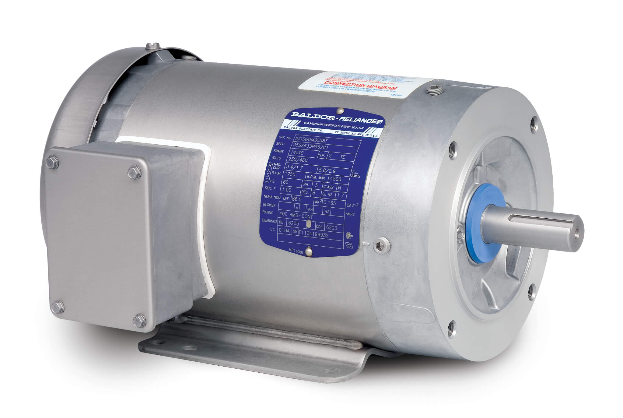 BALDOR MOTOR IDCSWDM3554 Invester Duty Washdown Motor, 1800 RPM, 1.5 hp, 3 Phase, TEFC, 56C Frame | AJ6WBT